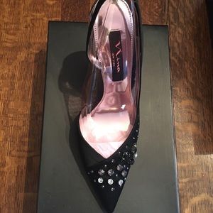 NINA Besiana black satin vintage jeweled heel 7.5